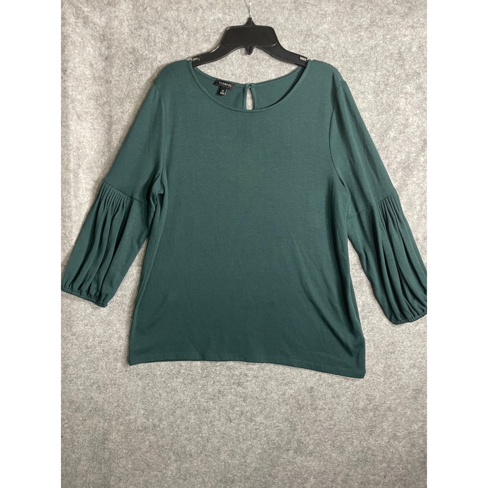 Talbots Womens Green Pleated Puff Sleeve Knit Top Keyhole Back Size M